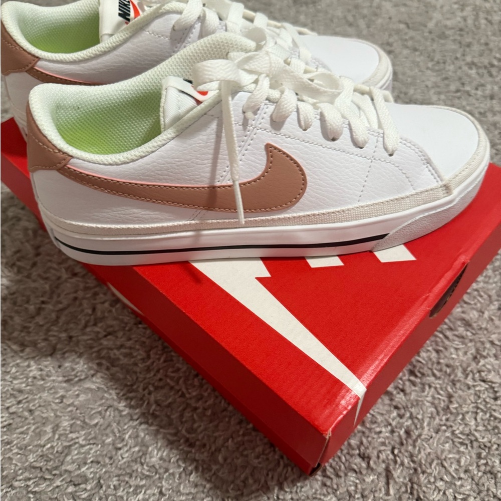 Nike White Sneakers with Blush Swoosh and Lime Lining
